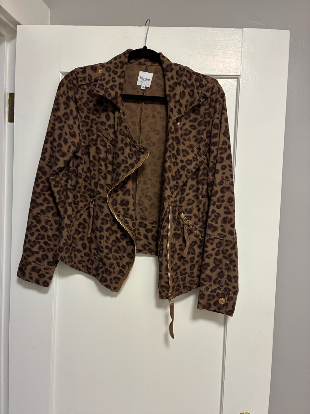 Kensie Leopard-Print Brown Moto Jacket
